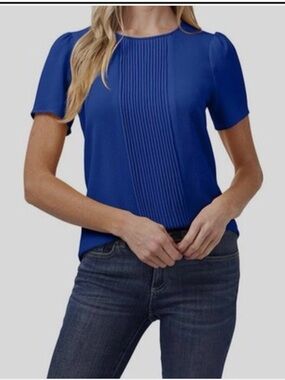 NWOT CeCe Women's Pintucked Front Short Sleeve Crew Neck Blouse Sz L